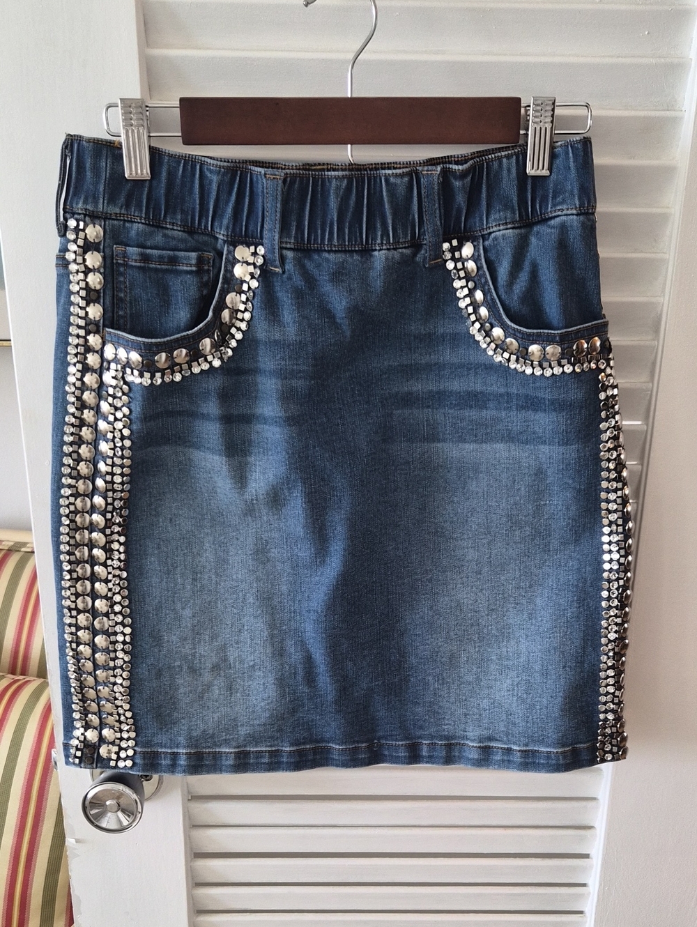 Boston Proper Blue Denim Mini Skirt with Silver Stud Accents